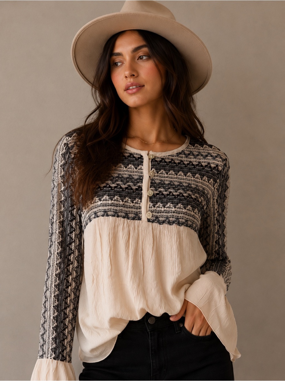 Blu Pepper Two-Tone Knit Yoke Peasant Tunic in Cream, Gray, & Dark Brown Pattern